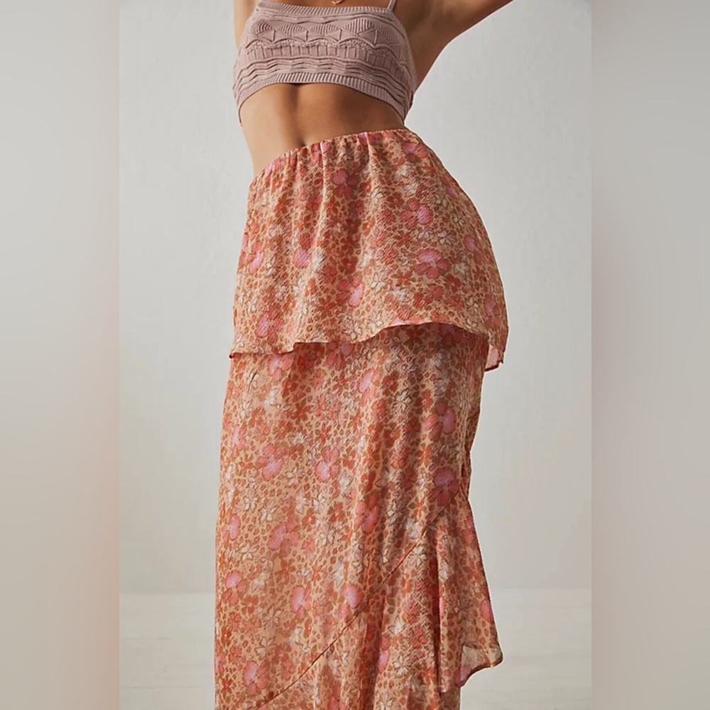 NWOT Free People Intimately Romance Me Beige Tan Orange Floral Maxi Skirt XS - Picture 3 of 13